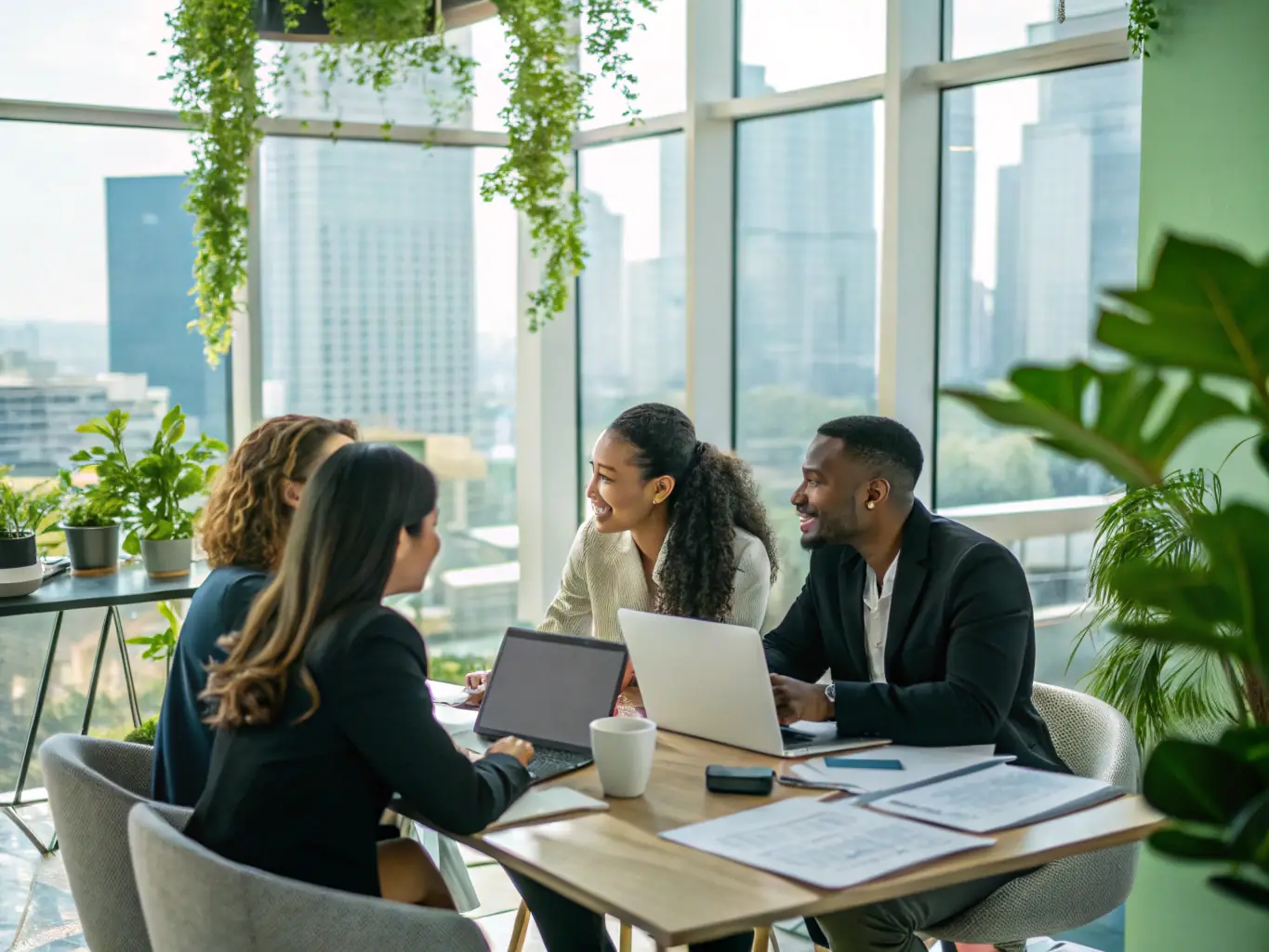 A diverse team collaborating on HR strategies in a modern office setting, highlighting recruitment and employee engagement.