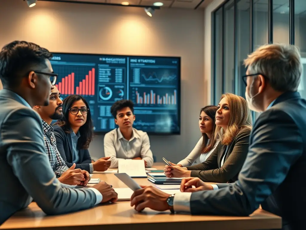 A consultant presenting HR strategies to a business team in a boardroom setting.