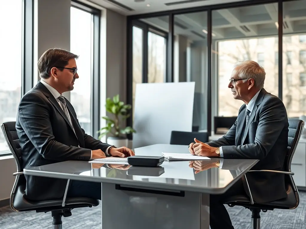 A professional coach guiding a client through a career development plan, set in a modern office environment.
